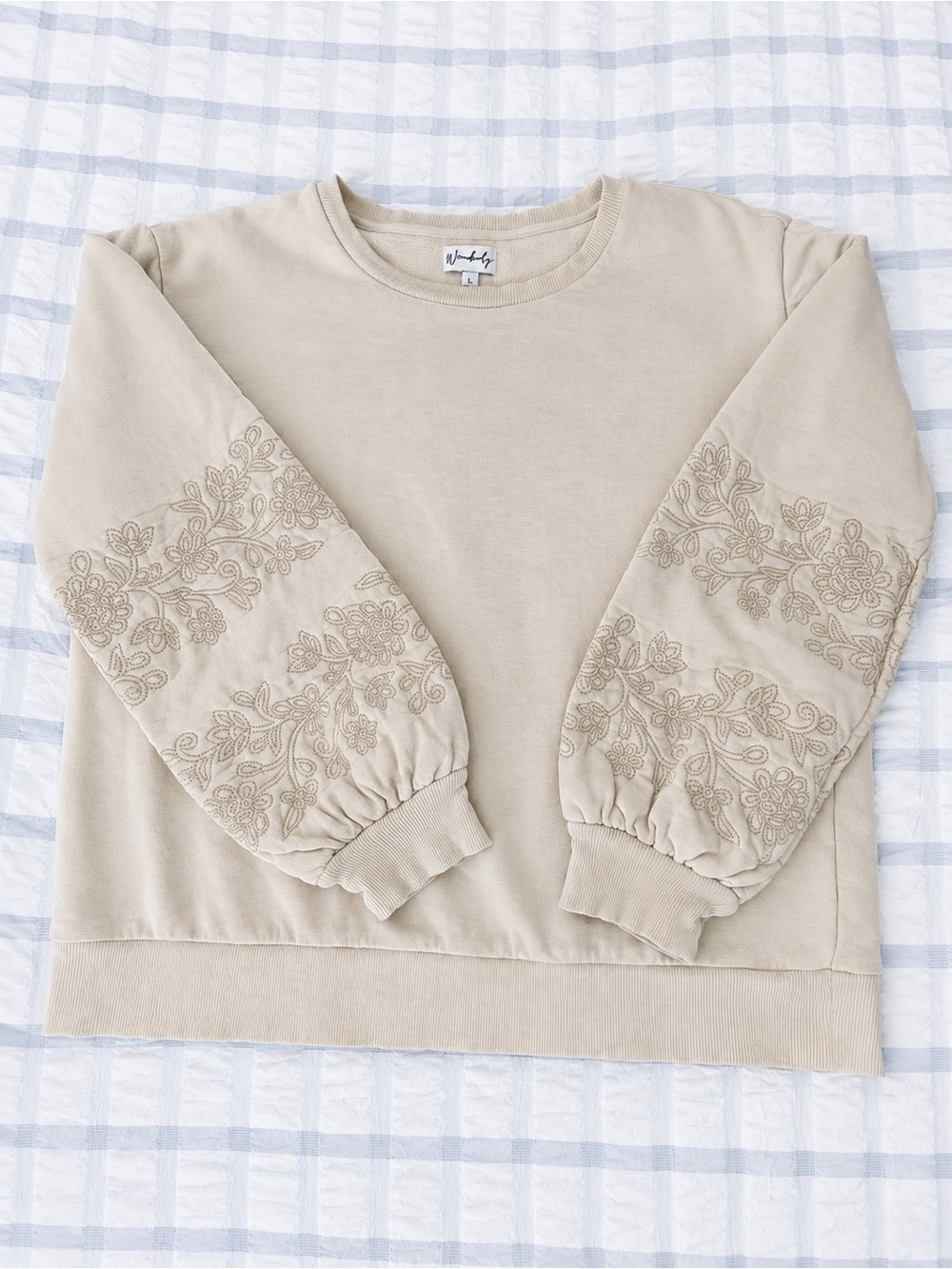 Wonderly Embroidered Balloon Sleeve Crewneck Sweatshirt